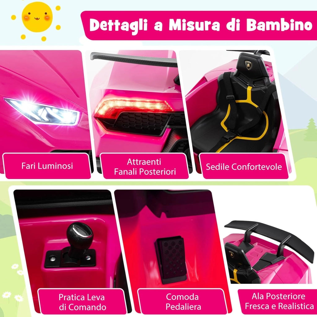 12V Lamborghini Auto Elettrica per Bambini, Macchina Elettrica Cavalcabile con Telecomando, Luci LED Musica e Funzione di Avvio Lento, 3-5 Km/h, per Bambini 3 Anni+ (Rosa)