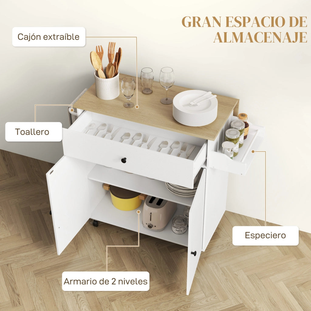 Tavolo da cucina con ala abatibile 2 porte cassetto especiero toallero e scaffale regolabile ¨C zephmum ¨C 106x42x87 cm bianco e rovere