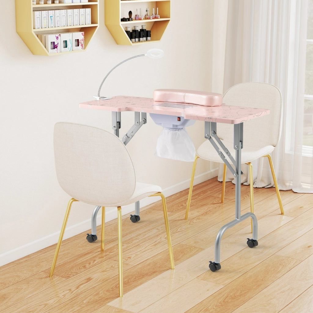 Tavolo manicure pieghevole con aspiratore elettrico e borsa da trasporto, Scrivania portatile unghie con luce led Rosa-Scrivanie