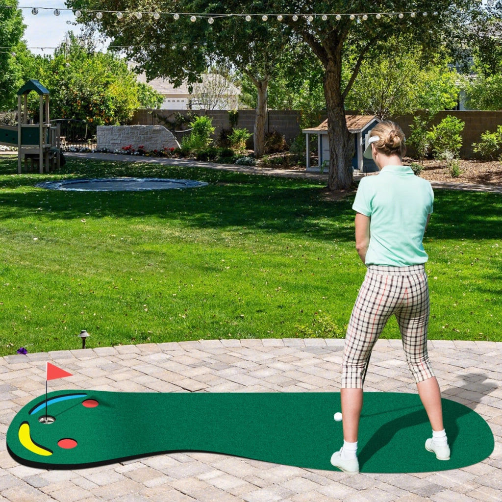 Set di putting da golf con 3 fori per il putting 1 bandierina e coperture per buca da golf, Tappetino da putting 300x96cm-Golf