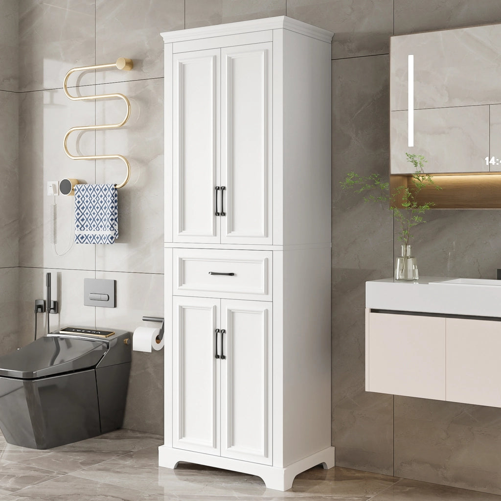 Mobile bagno alto 60x40x180 cm in MDF con ante doppie, cassetto centrale e ripiani regolabili, bianco