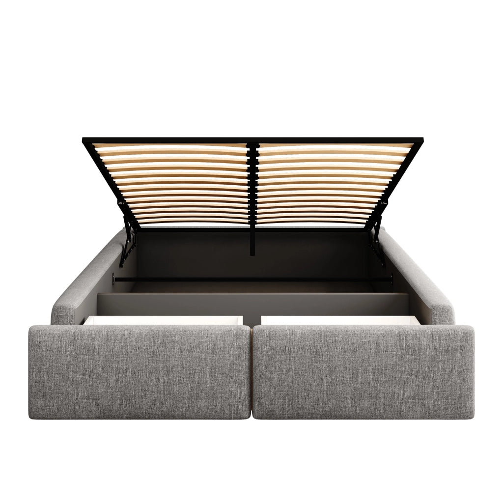 Letto imbottito 140x200 cm, matrimoniale, senza testiera, con contenitore, 2 cassetti, grigio