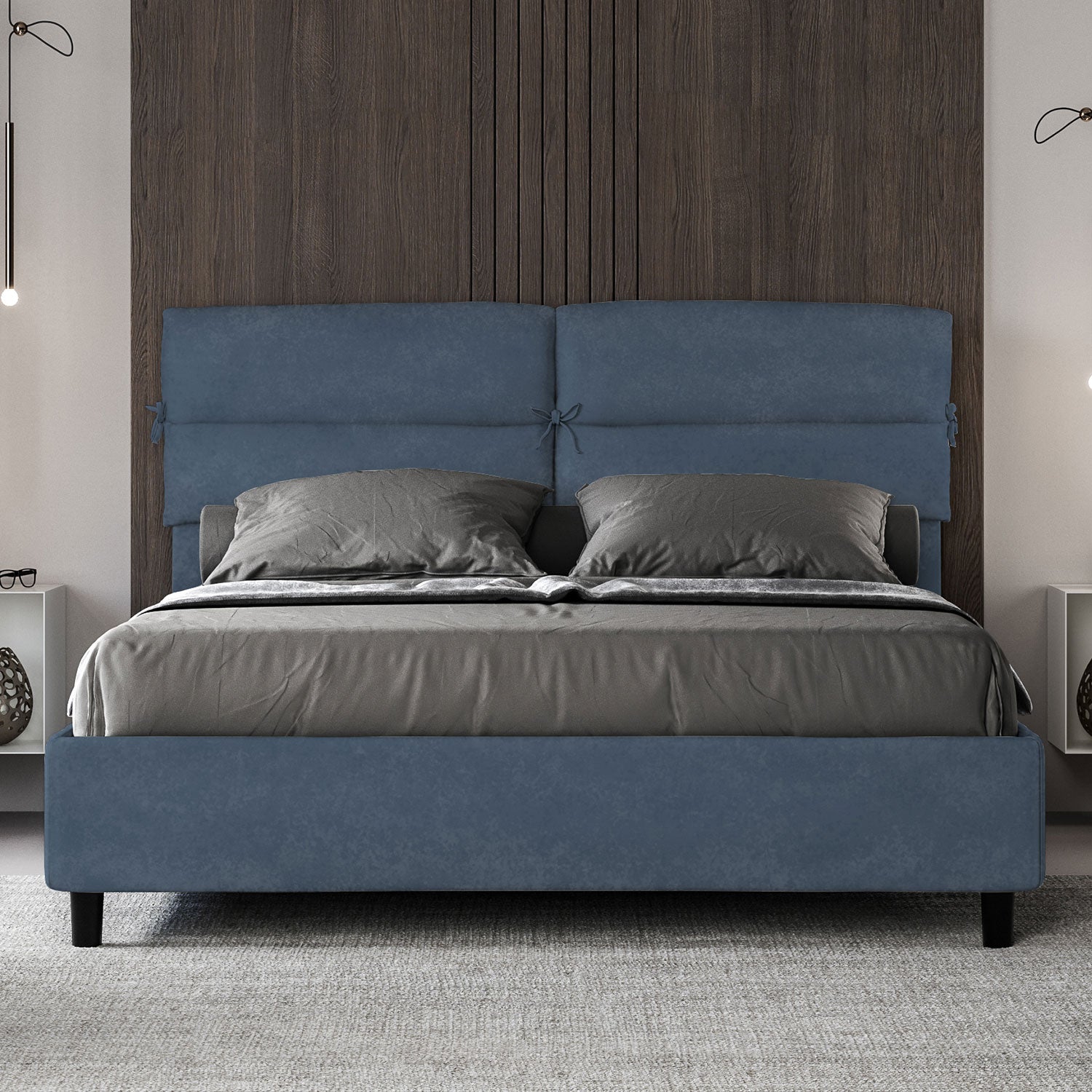 Letto Matrimoniale 160x210 cm con Rete e Contenitore con Testata e Alzata Comoda Imbottito in Microfibra Nandy Blu