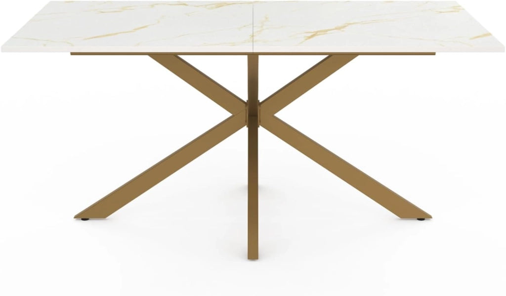 ALIX Tavolo da pranzo rettangolare per 8 persone con gamba a ragno in ottone e piano effetto marmo bianco ALASKA 160 cm