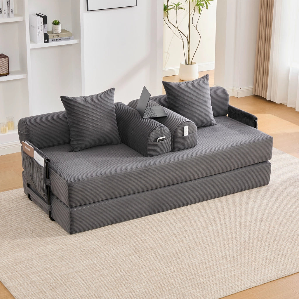 Divano modulare in corduroy grigio scuro con struttura in metallo, 3 cuscini e tasca laterale