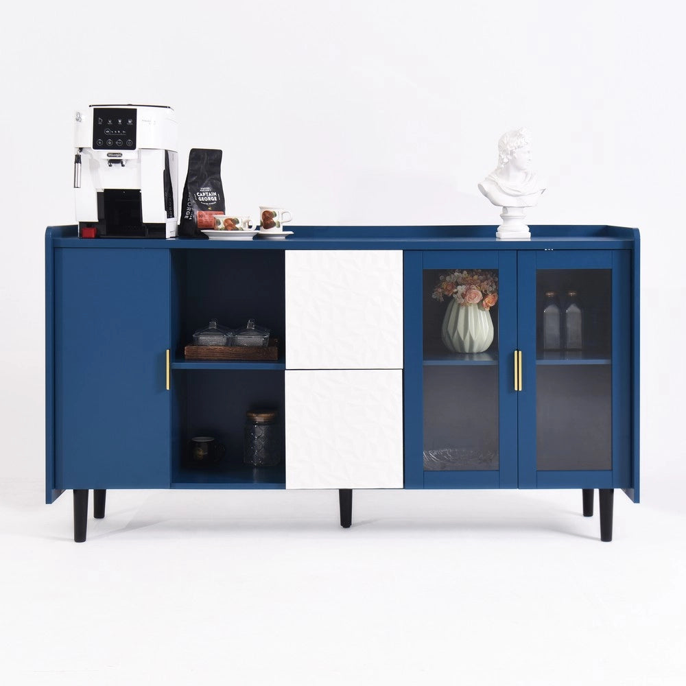 Credenza da Cucina con 2 Cassetti e 2 Ante in Vetro ¨C MINIMAL ¨C Legno Blu 55 Pollici