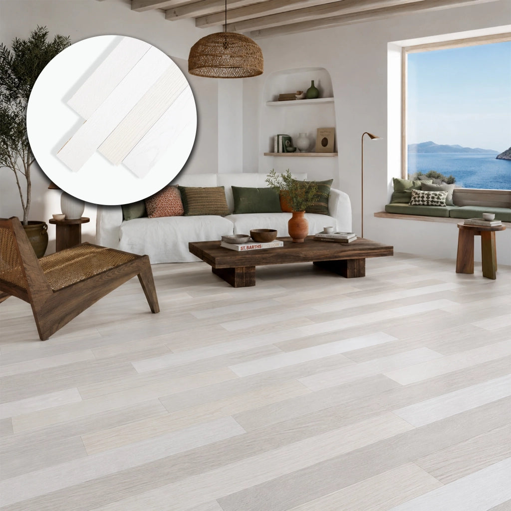 Parquet Prefinito in Rovere Sbiancato Garbelotto Spazzolato Verniciato Bianco-Grigio e Bianco-Latte 9x70x400/700 mm – Lotto 51 mq