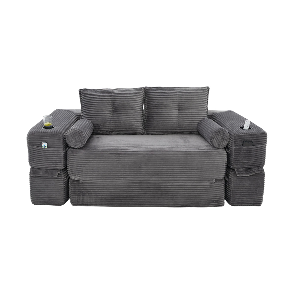 Divano letto modulare in corduroy a 2 posti, con cuscini Memory, tasche laterali e portabicchieri, grigio scuro