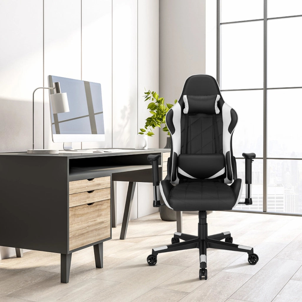 Sedia da gaming girevole a 360¡ã con poggiatesta e cuscino lombare, Sedia ergonomica per computer Nero e bianco