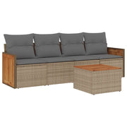 Set Divano da Giardino 5 pz | Set Salotto da Giardino con Cuscini Beige in Polyrattan