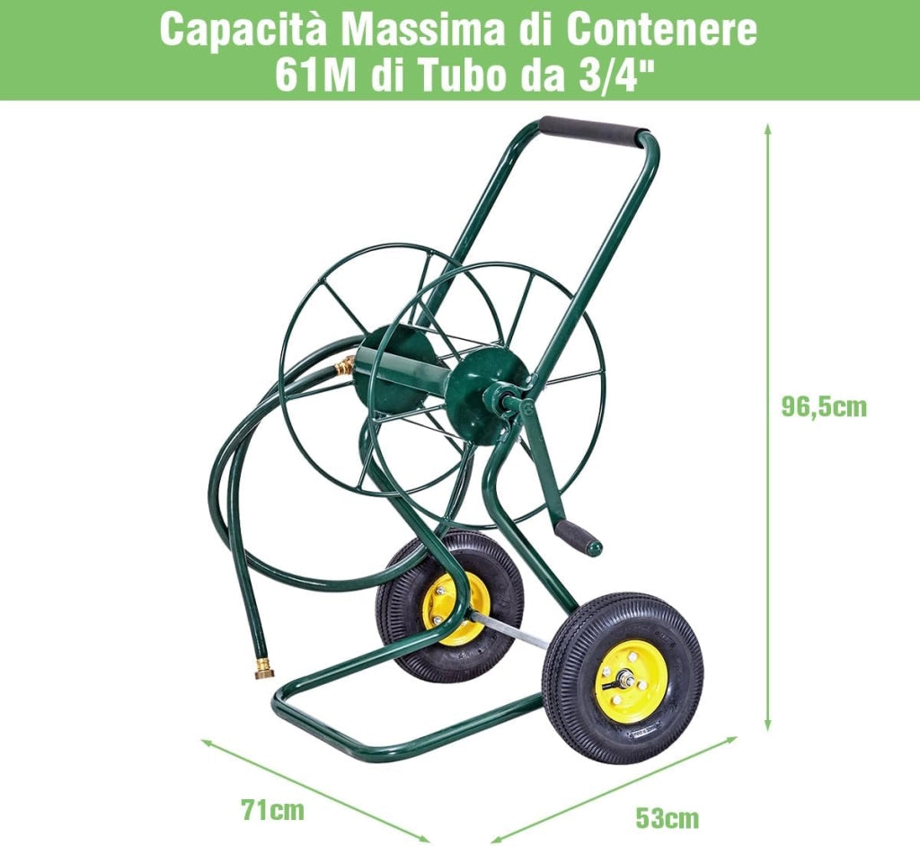 Carrello Avvolgitubo da Giardino, Carrello per Tubo di Irrigazione in Metallo con 2 Ruote Pneumatiche di Grandi Dimensioni, per Giardino e Cortile, 71 x 53 x 96,5 cm