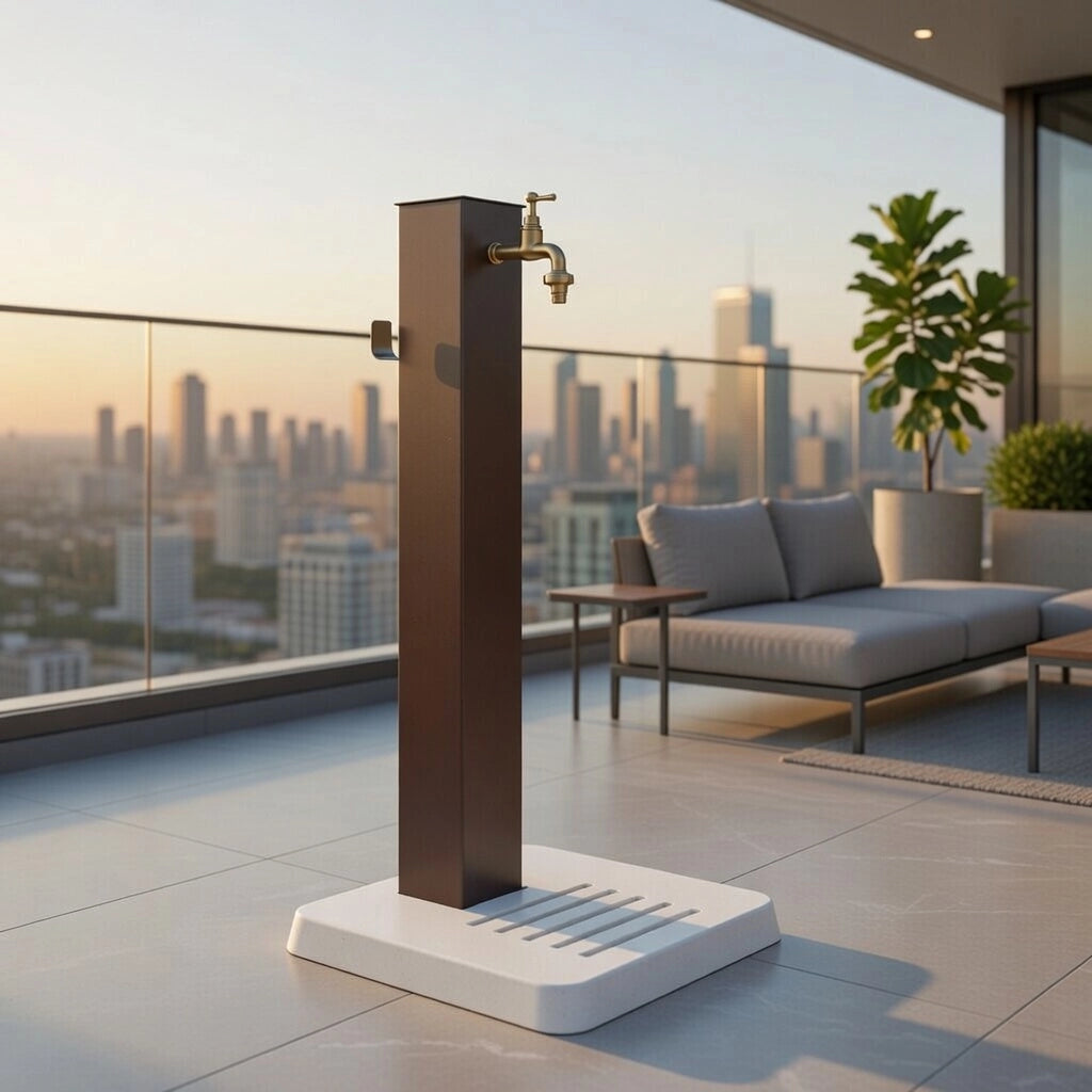 Fontana Decorativa da Esterno con Base in Cemento e Rubinetto in Ottone 45x45x97cm Effetto Corten