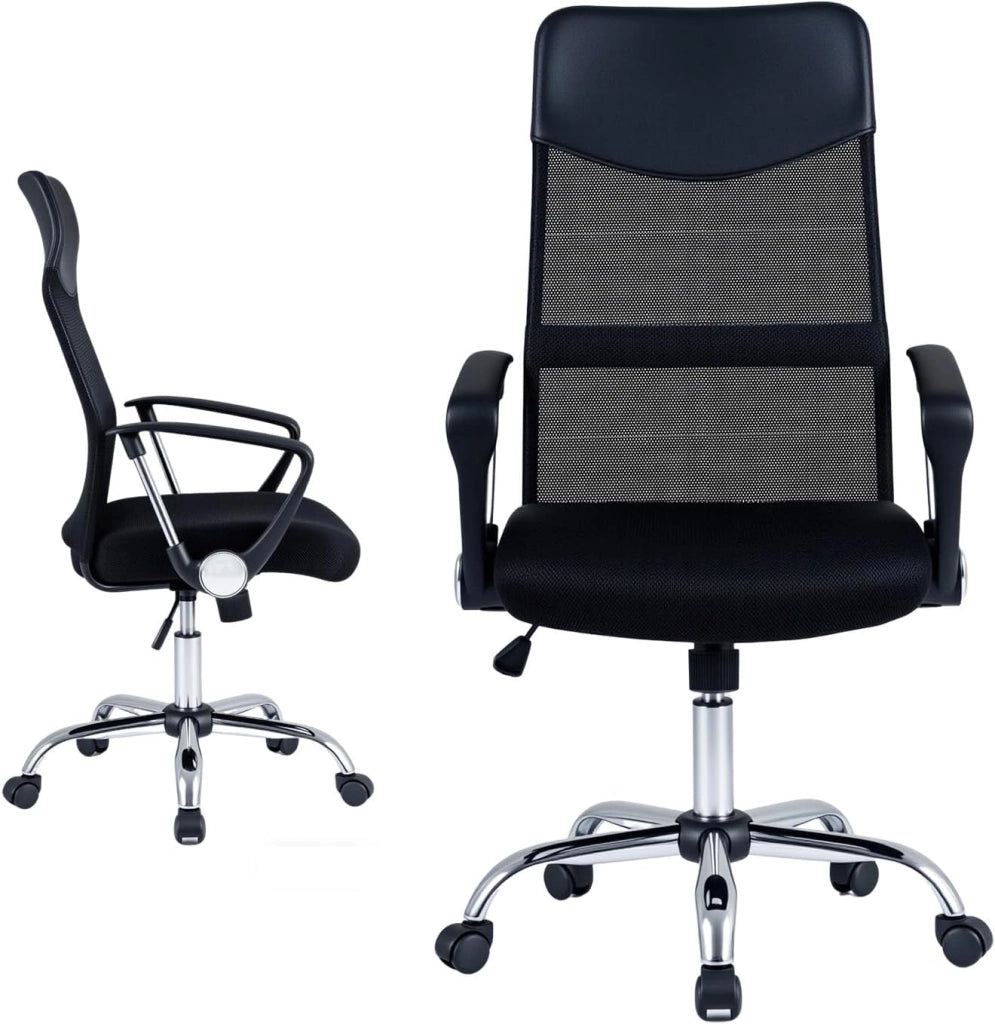 Sedia da Ufficio Ergonomica con Ruote, Poltrona Scrivania Girevole in Rete, Altezza Regolabile, Oscillazione, con Cuscino Imbottito, Braccioli e Schienale, per Studio e Lavoro, Max 150 kg