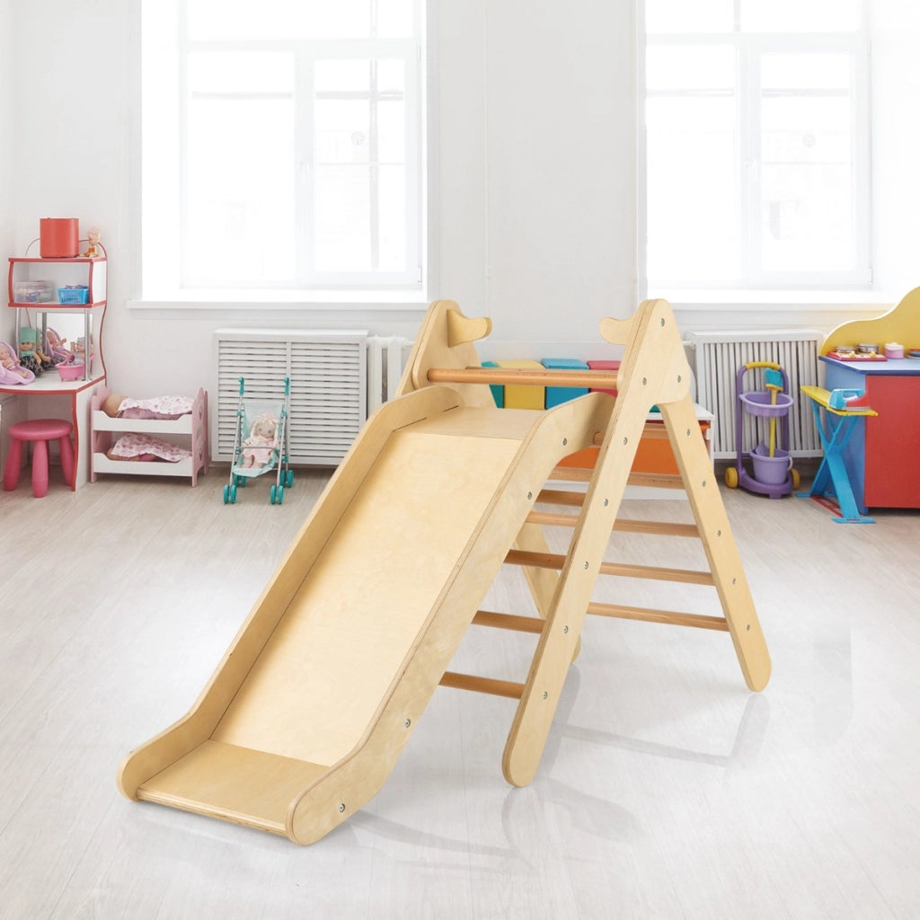 Set di arrampicata per bambini con scivolo 2-in-1, Arrampicatore in legno regolabile a gradi Naturale-Arrampicate e scivoli