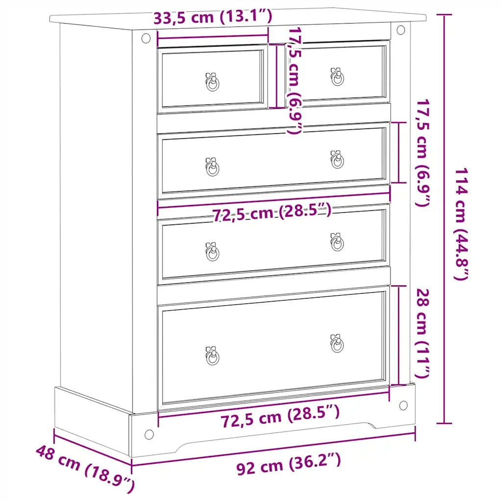 Cassettiera Corona 92x48x114 cm in Legno Massello di Pino