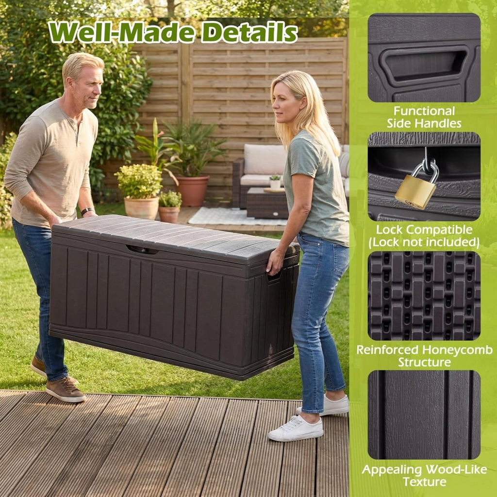 Scatola da giardino impermeabile con coperchio, 300 l, contenitore per cuscini in plastica, contenitore XXL per cuscini, attrezzi da giardino e giocattoli per bambini (marrone)