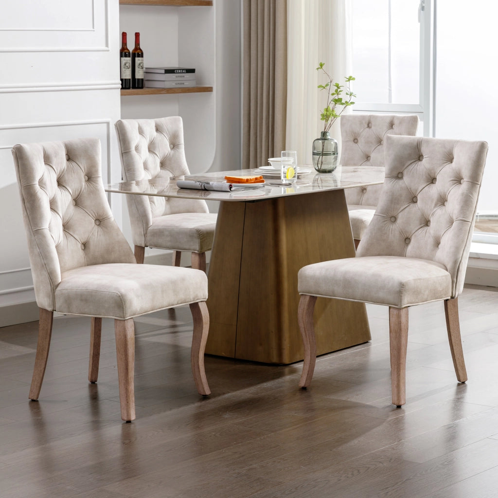 Sedie da Pranzo con Schienale Alto ¨C MINIMAL ¨C Set 4 Pezzi, Velluto Beige, Gambe in Legno Massello