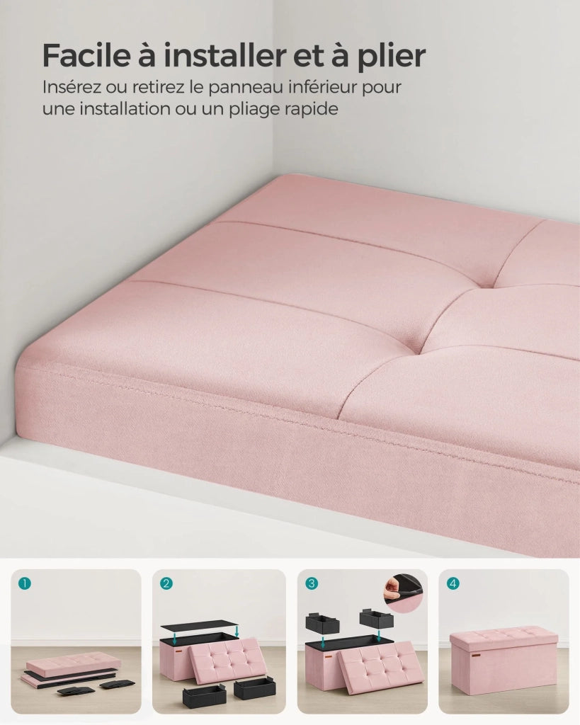 Pouf contenitore in velluto con coperchio con 2 divisori estraibili portata 300 kg per corridoio soggiorno camera da letto rosa 12_0004164