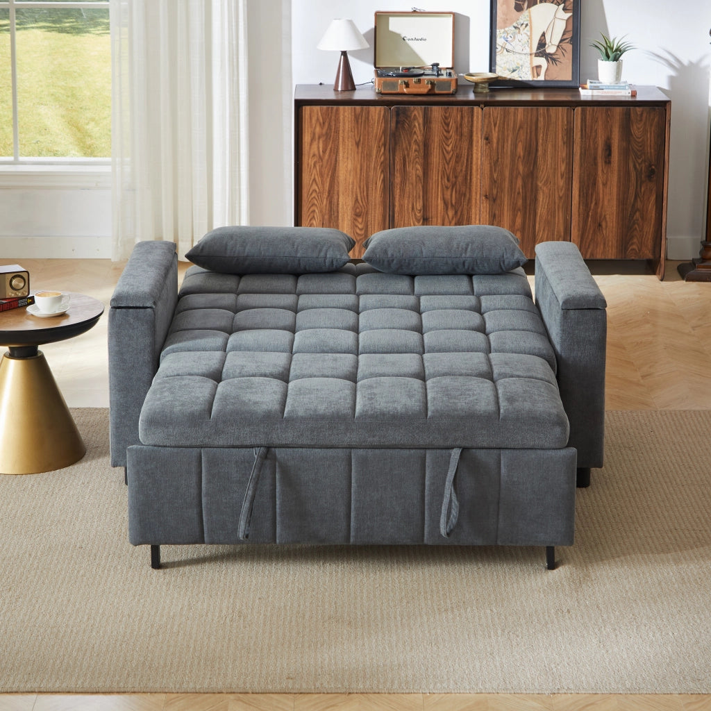 Divano letto 2 posti 3 in 1 con contenitore nei braccioli e tasche laterali, struttura in metallo, in ciniglia grigio