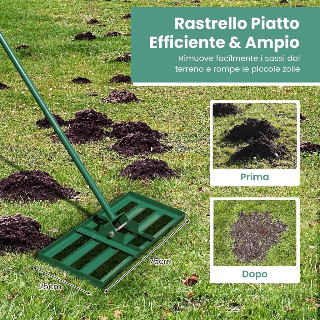 Rastrello Livellatore per Prato, Attrezzo per la Livellatura del Prato con Manico Ergonomico, Livellatrice per Giardino, Cortile, Campo da Golf, Fattoria e Pascolo (Verde 75 x 25 cm)