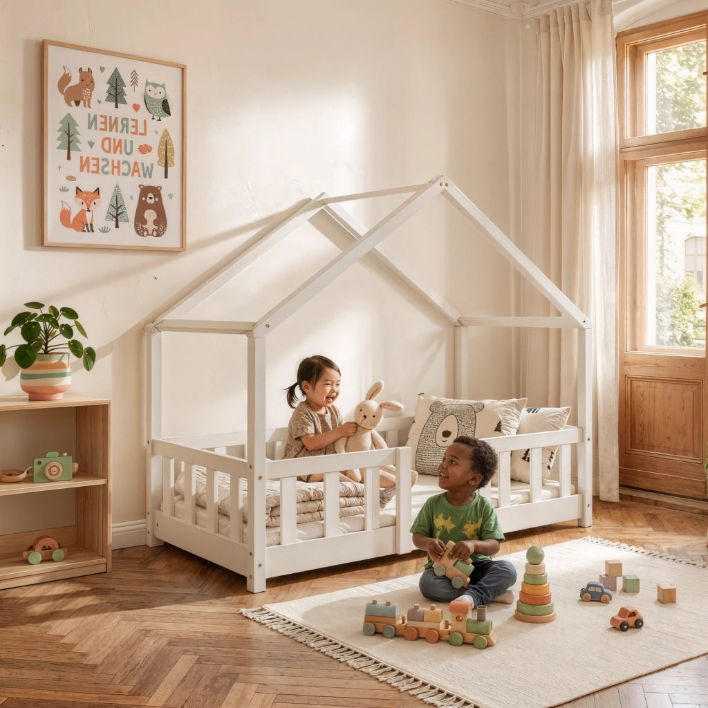 Letto per Cameretta Treviolo a Forma di Casetta in Stile Montessori con Materasso 70x140 cm - Bianco [en.casa]