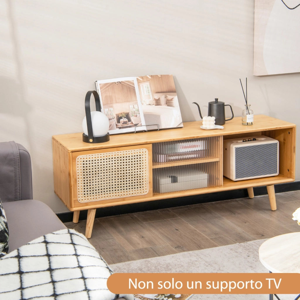 Mobili in bamb¨´ per TV fino a 55 pollici per il soggiorno, Centro di intrattenimento con ante scorrevoli in rattan-Mobili porta TV