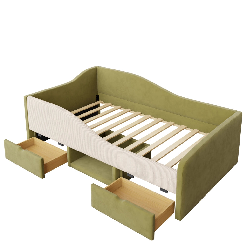 Letto imbottito 90x190 cm con 2 cassetti e sponde in velluto verde e avorio
