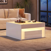 Tavolino da caffè 70x70x35 cm; con LED e piano in vetro temperato; MDF bianco
