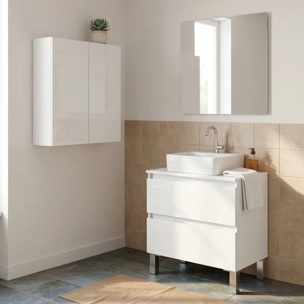 Capizzi, set Mobili Bagno 2 Cassetti, Bianco Lucido