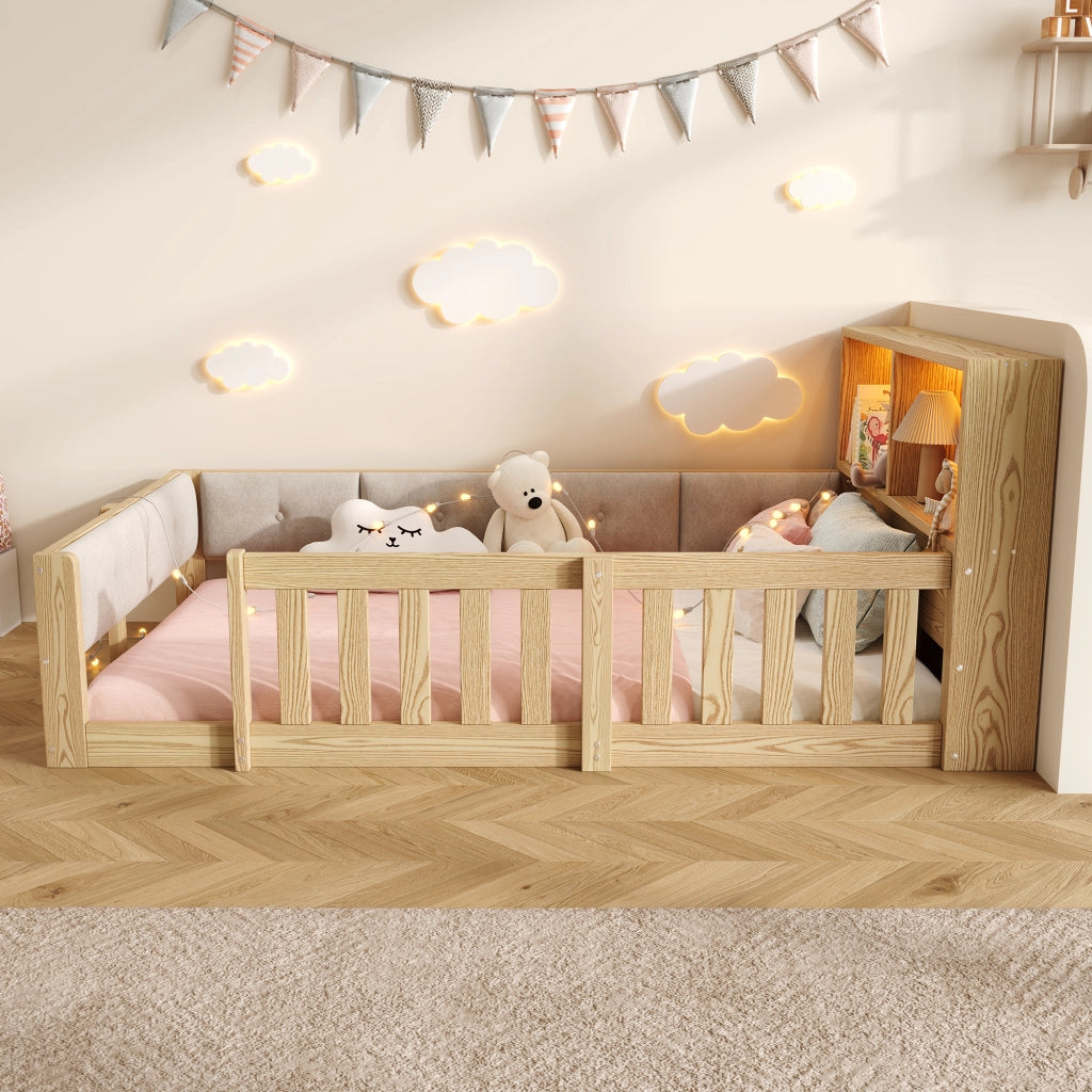 Letto Singolo 90 x 200 cm con LED e contenitore nella testiera - in truciolare; Naturale