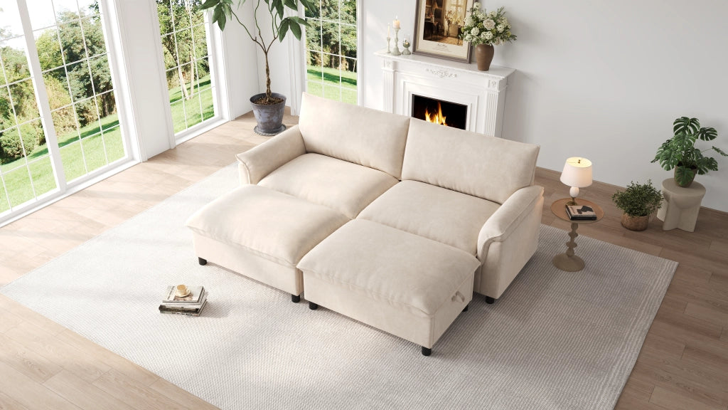Divano modulare con seduta profonda e 2 poggiapiedi mobili, schienale alto, in chenille beige 216 × 77 × 82 cm