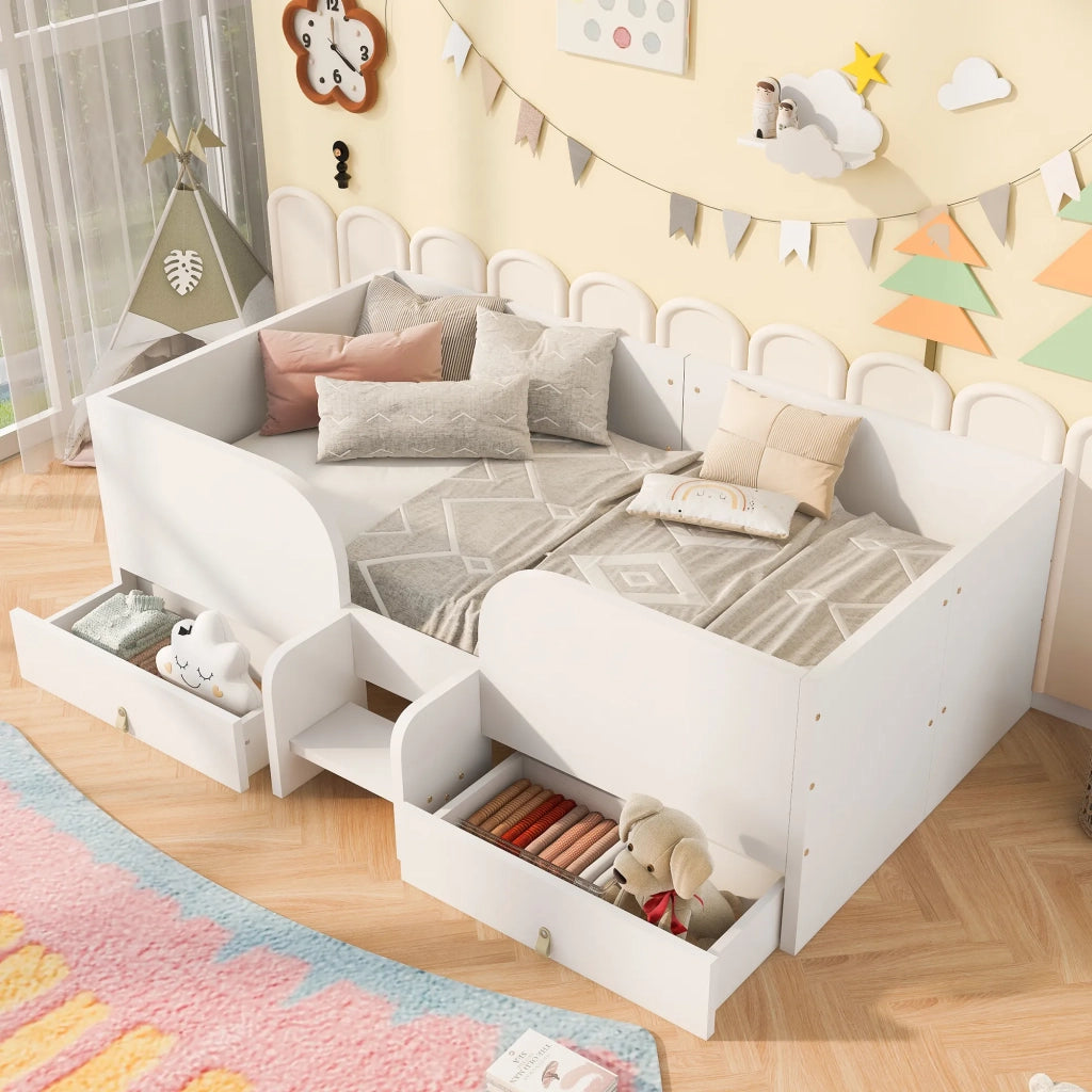 Letto singolo in legno bianco 90x200 cm con 2 grandi cassetti e piccola scala di sicurezza