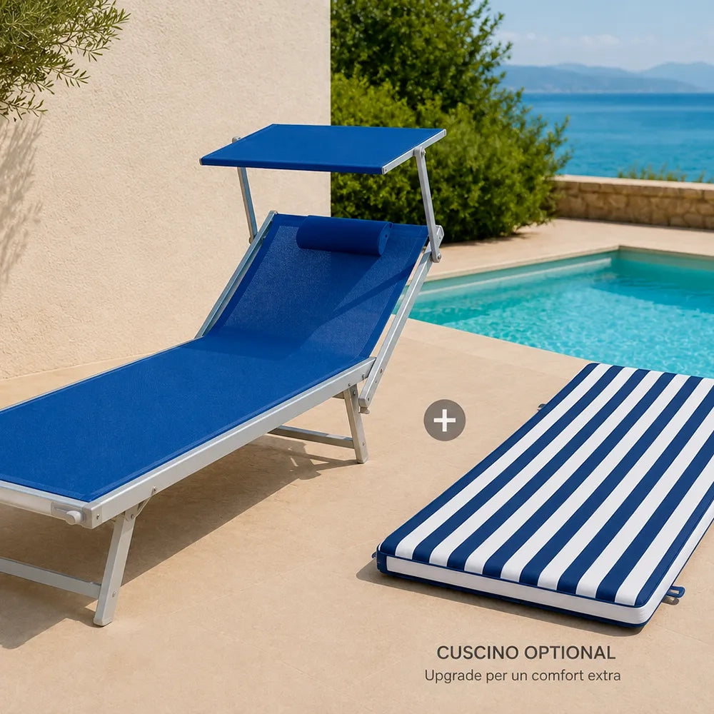 Cuscino per lettino da esterno 192x61 cm a righe con schienale reclinabile e velcro in poliestere – Blu/Bianco