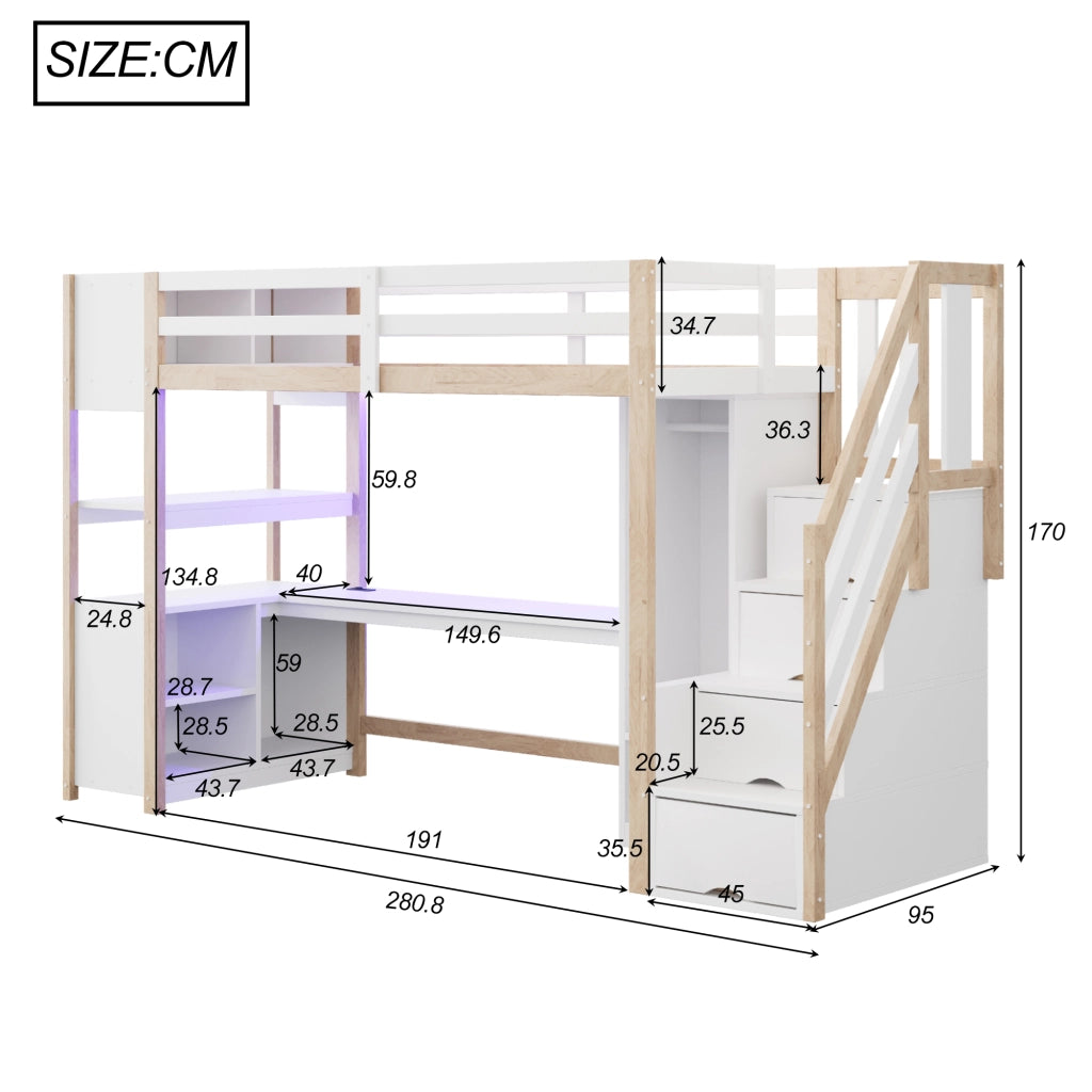 LETTO a soppalco 90x200 cm in legno bianco/naturale con scrivania e armadio