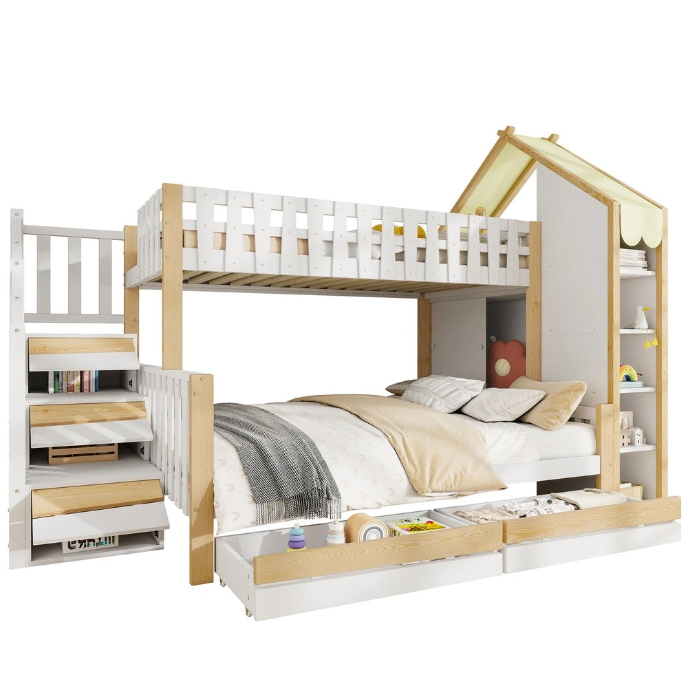 Letto a Castello 90x200 140x200 con Cassetti e Scaletta ¨C MINIMAL ¨C Bianco e Naturale