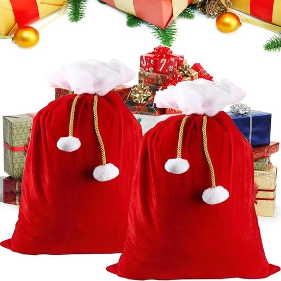 Set di Borse di Natale da 2, Regali per Natale - Rosso e Bianco - Borsa di Natale con Corda e Piumoni - Borsa da Riempire - Dimensioni 70 x 50 cm