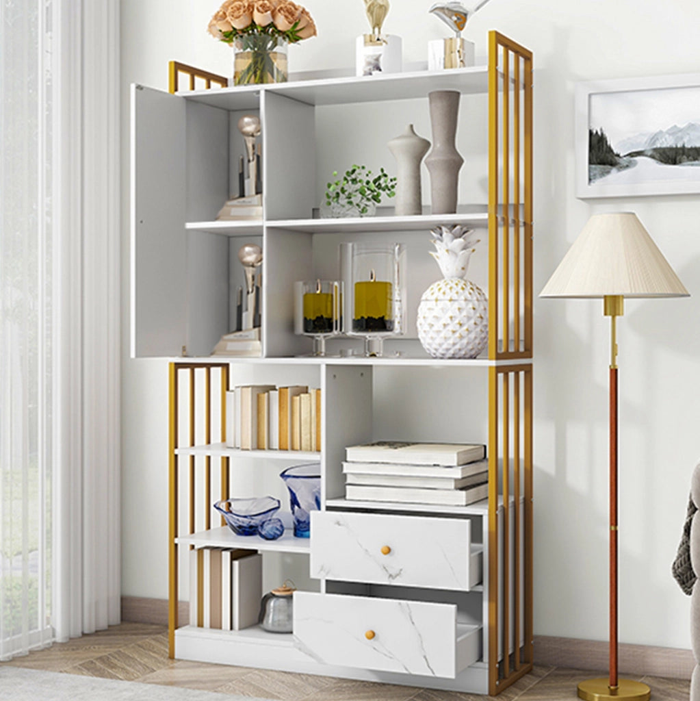 Libreria  100 x 30 x 173,5 cm bianco e oro – 6 ripiani, ante e cassetti
