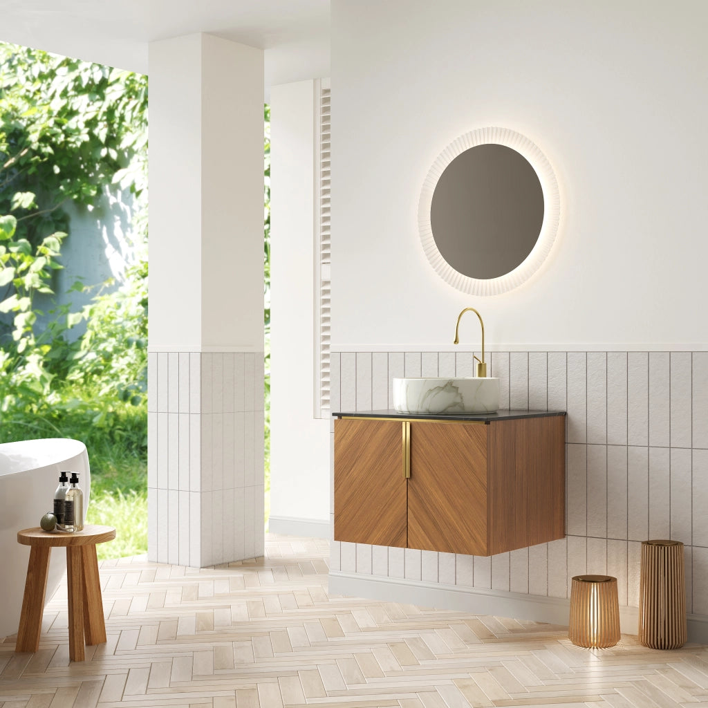 Mobile sottolavabo con 2 ante e lavabo in ceramica, piano in pietra sinterizzata, effetto rovere, per bagno, 61 cm