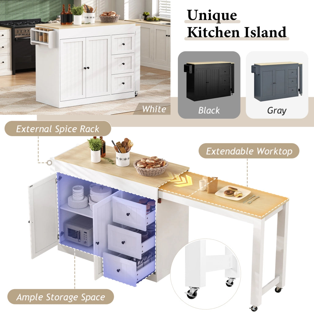 Isola da Cucina con 3 Cassetti; Portaspezie e Piano Estensibile con Ruote; in MDF; Bianco; 112-186.8 x 45 x 93 cm