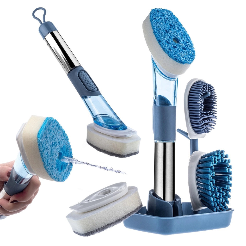 Set di 4 spugne per piatti KADAX, dispenser di detersivo per piatti con manico e spazzole.