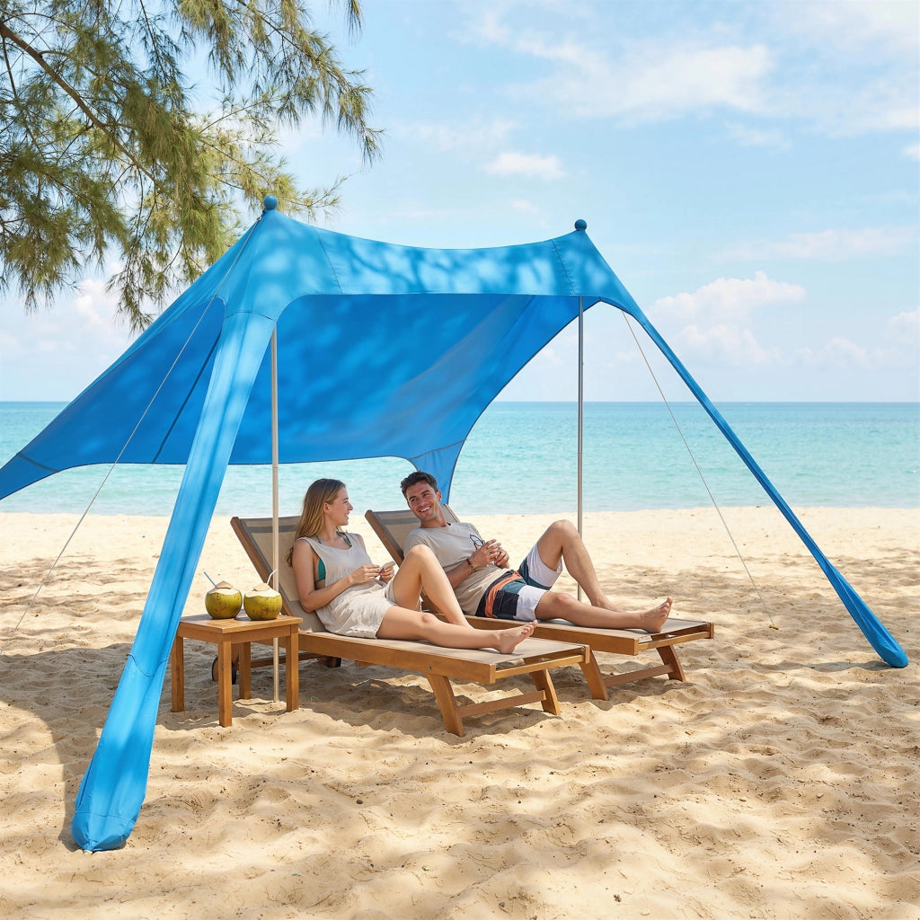 Tenda Spiaggia 2-4 Persone Tappetino Pala Protezione Solare UPF50+ Azzurro
