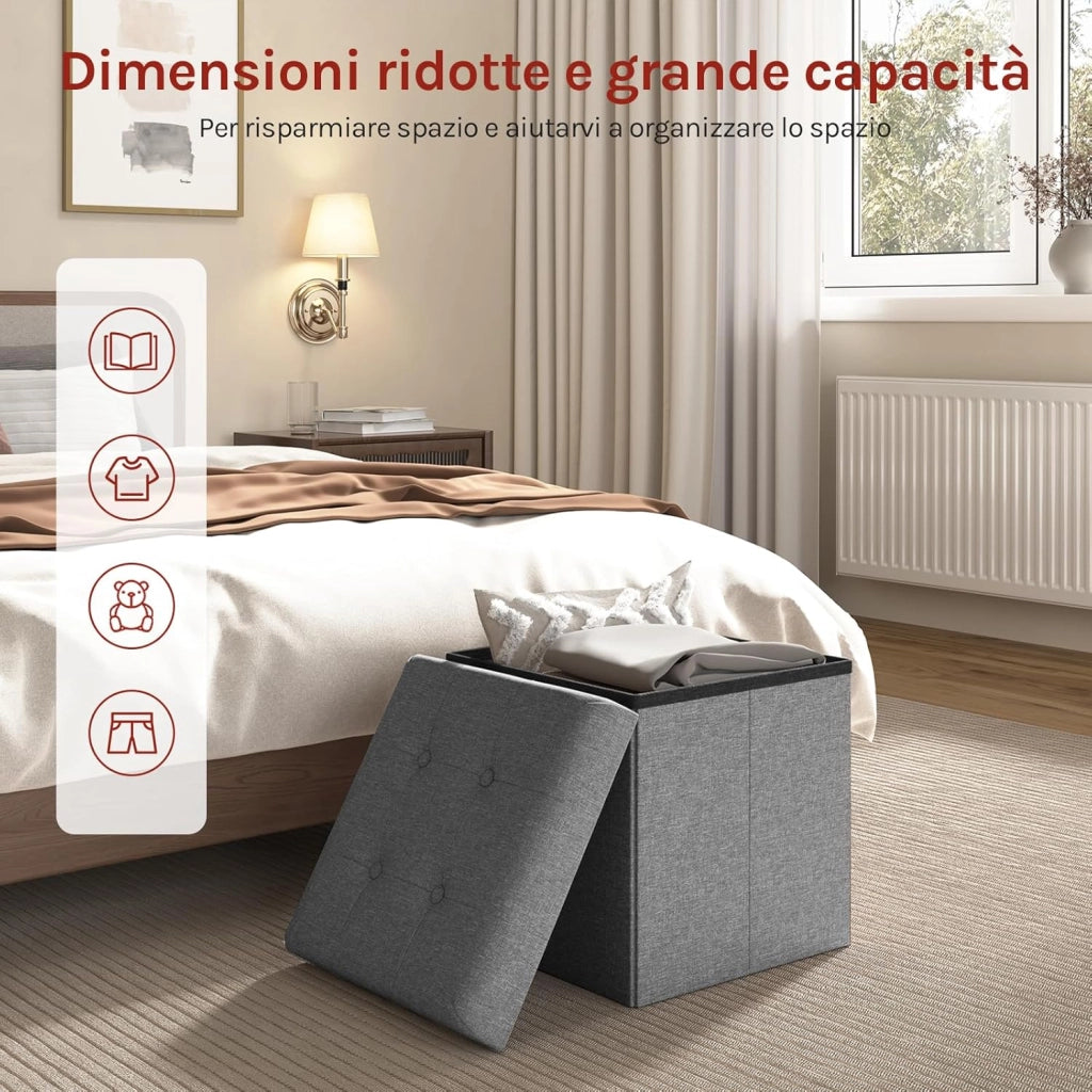 Sedia a Cubo Pieghevole Pouf Cassapanca Poggiapiedi Panche Contenitore con Coperchio Rimovibile MDF Oxford Lino Grigio Chiaro