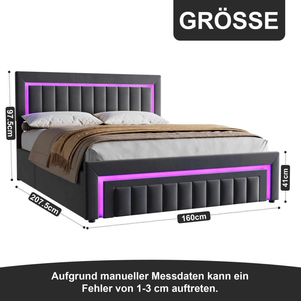 Letto matrimoniale imbottito 160x200 cm grigio scuro in velluto con LED e cassetti