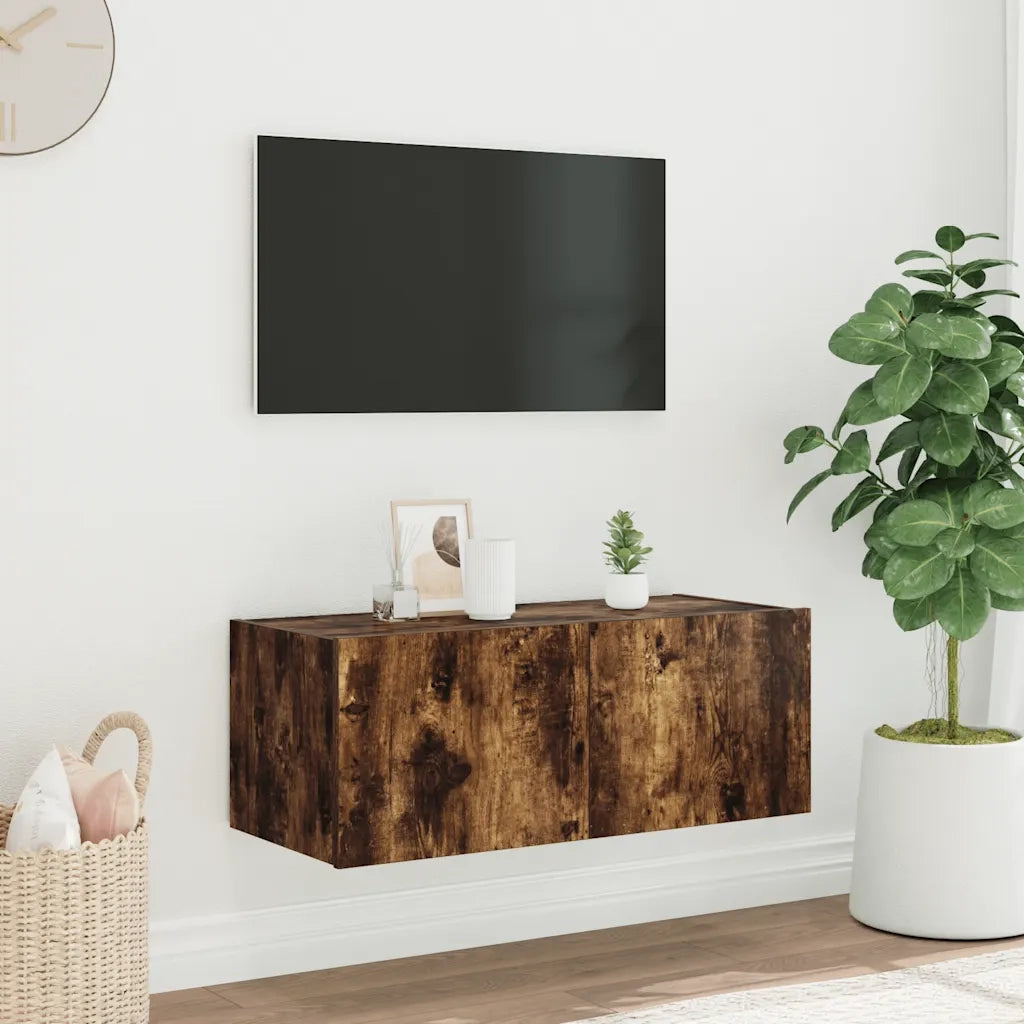 Mobile TV a Parete con Luci LED Rovere Fumo 80x35x31 cm 837289
