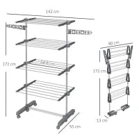 Stendino Verticale con 4 Ripiani Regolabili, in Acciaio e Plastica, 142x55x172 cm, Grigio e Argento