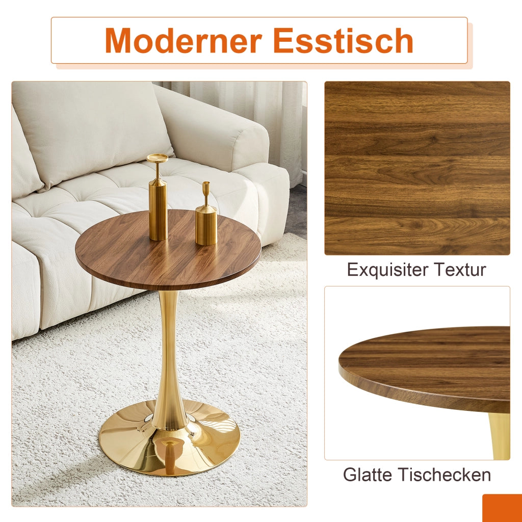 Tavolo da pranzo rotondo con base centrale e piano effetto noce stile retrò moderno in MDF e metallo oro per soggiorno e sala da pranzo