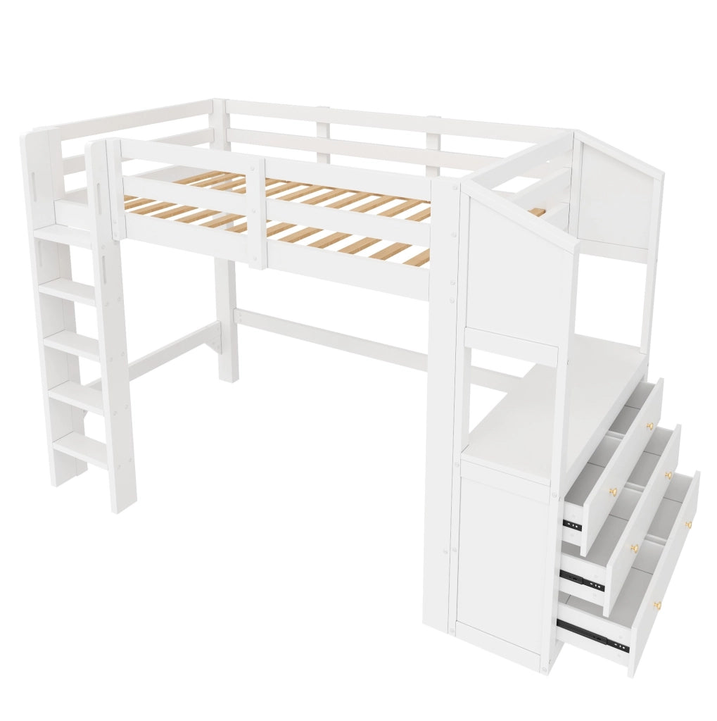 Letto a soppalco 90x200 cm bianco con LED, cassetti e ripiani
