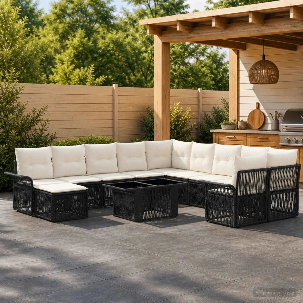 Set Divano da Giardino 12 pz Nero e Bianco Crema polyrattan 3436732