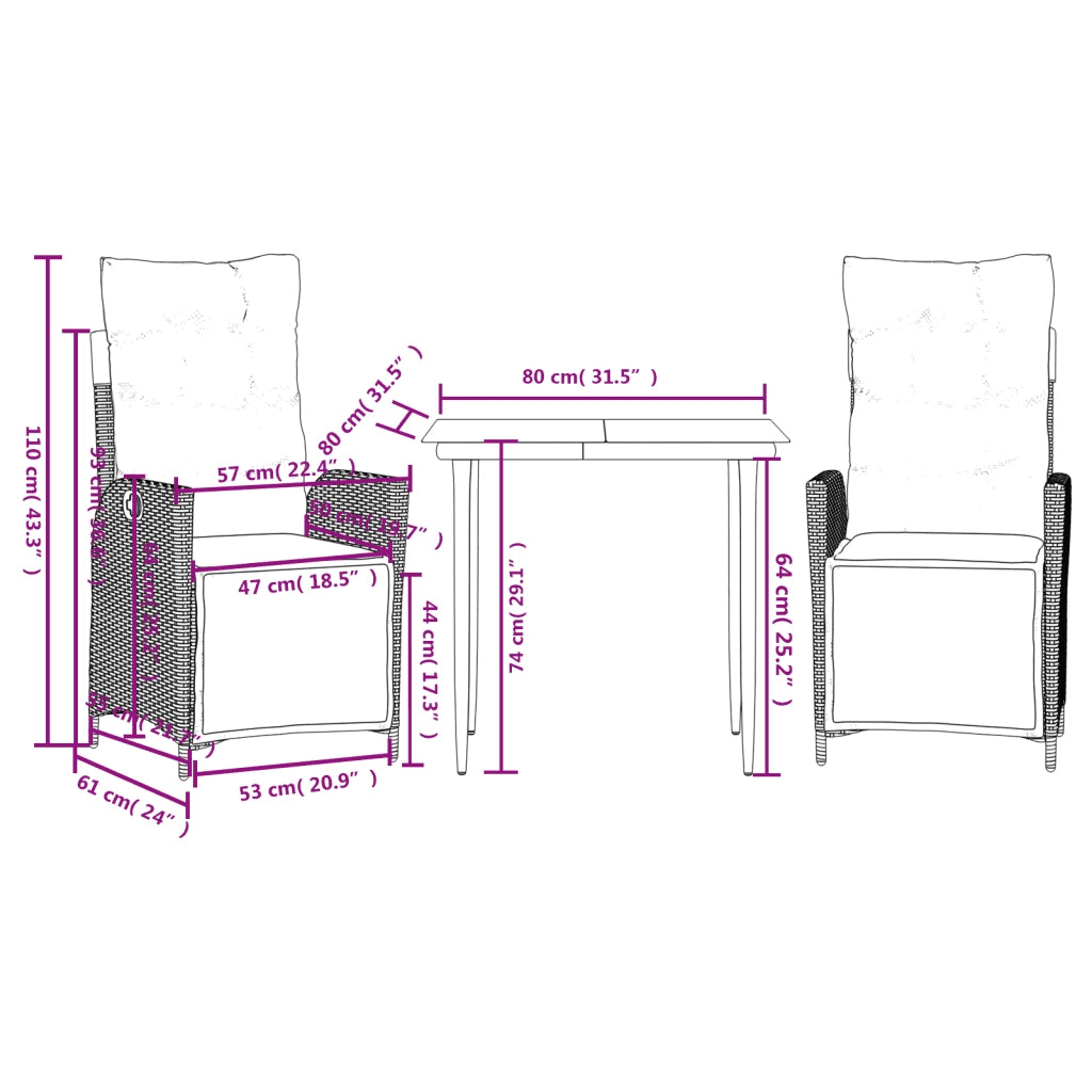 Set Pranzo da Giardino 3 pz con Cuscini Beige Misto Polyrattan 3213448