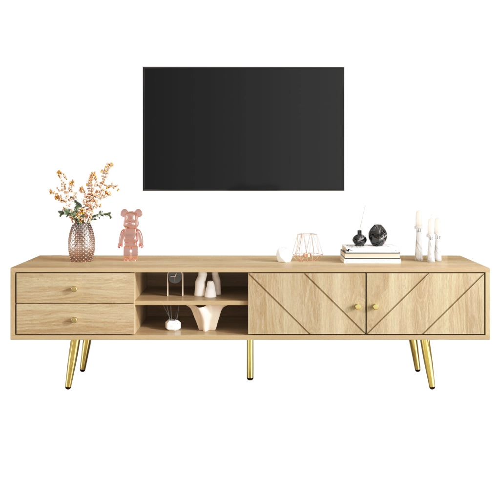 Mobile TV con 2 Ante; 2 Cassetti e 2 Vani Aperti; Piedi in Metallo Dorato; per Soggiorno; MDF; 160×36×42 cm